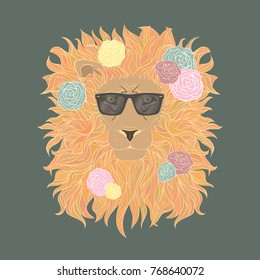 Hipster lion character portrait. Vector illustration