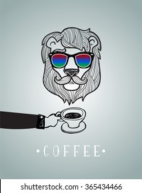 Hipster lion with coffee cup vector illustration, all elements separated. 