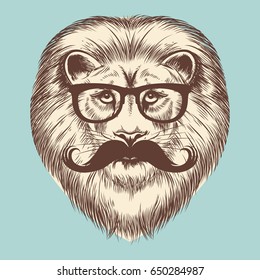 Hipster lion with eyeglasses and mustache. Vector animal vintage print design