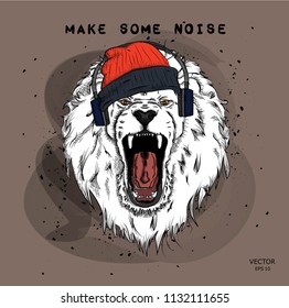 A hipster lion in headphones and  in cap on a background of blots. Vector illustration