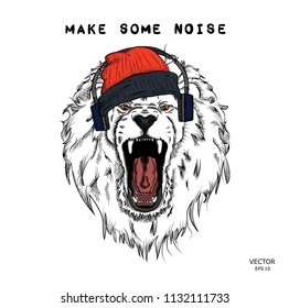 A hipster lion in headphones and  in cap on a background of blots. Vector illustration