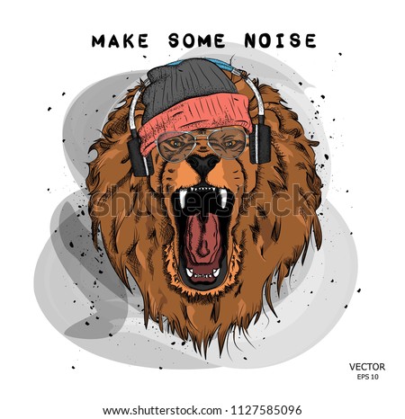 A hipster lion in headphones and  in cap on a background of blots. Vector illustration Stock foto © 
