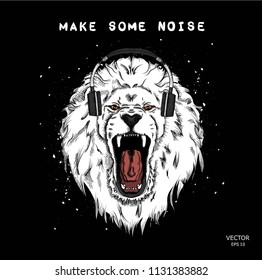 A hipster lion in headphones on a background of blots. Vector illustration