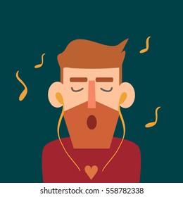 Hipster listening to music. Bearded man singing song. Object in flat cartoon style. Vector illustration