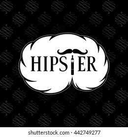 Hipster Logo Authentic Lettering and Symbolic Attributes in Smoke Cloud - Black Letters and Objects White Cloud on Retro Style Black Wallpaper Background - Flat Contrast Graphic and Gradient