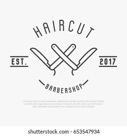 Hipster logo for barber shop with cut throat razor. Minimalistic thin line vector illustration.
