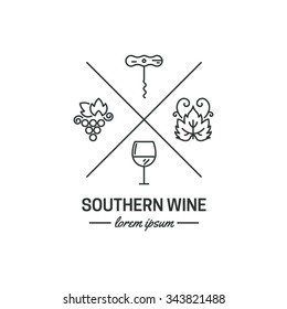 Hipster Logo Or Label For Wine And Winery. Wine Logo With Grape, Corckscrew, Glass And Grape Leaf. Vector Logo.