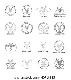 Hipster logo with silhouette of deer and twigs around. Hand drawn brush. Vector illustration. Reindeer logotype for hunting club or touristic camp.