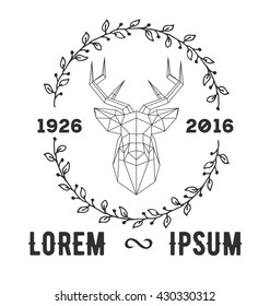 Hipster logo with silhouette of deer and twigs around. Hand drawn brush. Vector illustration. Reindeer logotype for hunting club or touristic camp.