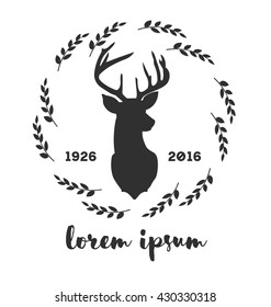 Hipster logo with silhouette of deer and twigs around. Hand drawn brush. Vector illustration. Reindeer logotype for hunting club or touristic camp.