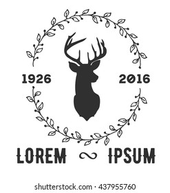 Hipster logo with silhouette of deer and twigs around. Hand drawn brush. Vector illustration. Reindeer logotype for hunting club or touristic camp.