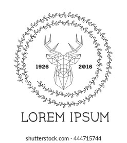 Hipster logo with silhouette of polygonal deer and twigs around. Hand drawn brush. Vector illustration. Reindeer logotype for hunting club or touristic camp.