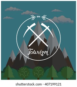 Hipster logo. Summer camp concept with mountain nature landscape in vector.