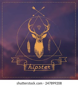 Hipster logo. Vector. Illustration. Blurry background. Editable. Hand drawn. Vintage style. Can be used as flayer, banner, poster, wallpaper etc.