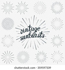 Hipster Logo-Vektorgrafik. Legen Sie Sonnenbursten für Grafikelemente fest. Vintage-Dekorationsetiketten einzeln auf Weiß für Einladungen, Grußkarten, Poster. Shine-Star-Illustration