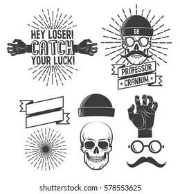 Hipster logos with skull in caps and glasses with a mustache, with his hands and sunburst. Elements for retro emblems.