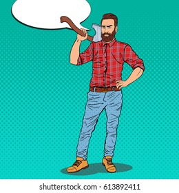 Hipster Lumberjack with Beard and Axe. Woodcutter Worker. Pop Art vintage vector illustration