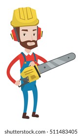 Hipster lumberjack with beard holding chainsaw. Lumberjack in workwear, hard hat and headphones. Young caucasian lumberjack with chainsaw. Vector flat design illustration isolated on white background.