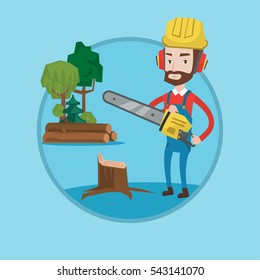 Hipster lumberjack with beard holding chainsaw. Lumberjack in workwear, hard hat and headphones at work. Lumberjack chopping wood. Vector flat design illustration in the circle isolated on background.