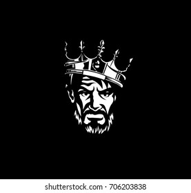 Hipster male avatar icon with crown, hand sketch, hairstyle, mustache and beard, king, rule, dictator, diplomatic, arrogant, aggressive, black background, vector illustration