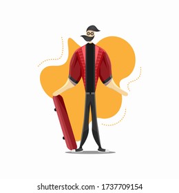 Hipster Male Character with Beard, Holding a Skate Board. Flat vector illustration of a Man with a Hipster Style