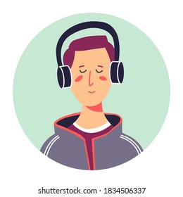 Hipster male character listening to music using headphones, isolated portrait of teenager. Teen boy with closed eyes enjoying songs, fashionable guy. Student or pupil of school, vector in flat