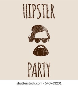 Hipster male with eyeglasses and lettering - Hipster party. Fashion vintage Vector illustration for logo, poster and t-shirt.