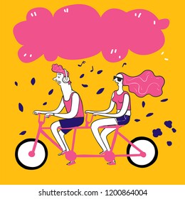 Hipster Male Female Characters Riding Bicycle Concept Urban - Illustration
