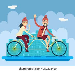 Hipster Male Female Characters Riding Companion Tandem Bicycle Concept Urban Landscape City Street Background Creative Flat Design Vector Illustration