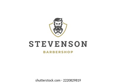 Hipster male mustache trendy haircut portrait heraldic shield vintage logo design template vector illustration. Fashion man shaving hairstyle beauty care salon premium quality branding identification