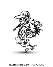 Hipster male on skateboard, hand drawn, long hairs, wearing cap, vector illustration