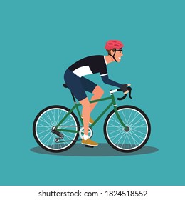 Hipster male riding bike. Young man cyclist isolated on white background. Stylish guy on bicycle flat vector illustration wearing helmet