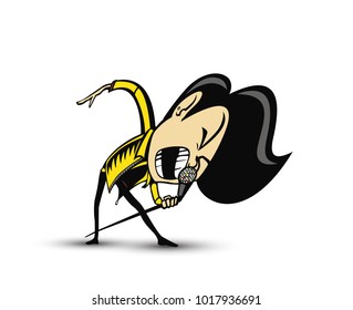 Hipster male singing on mike, karaoke, entertainment, vector illustration