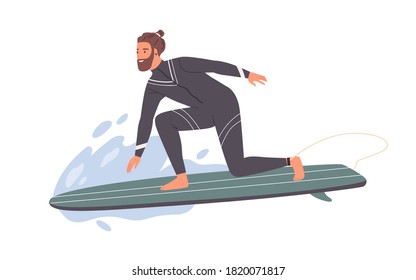 Hipster male surfer in wetsuit standing one knee on surfboard riding at wave vector flat illustration. Professional sportsman practicing extreme sports at sea or ocean water isolated on white