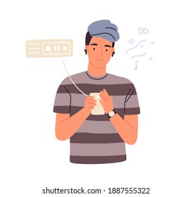 Hipster male teenager in wireless earphones listening to music vector flat illustration. Smiling young person enjoying audio sound holding mp3 player or smartphone isolated on white background