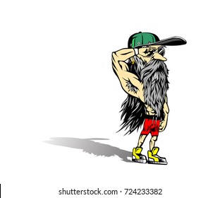 Hipster male wearing cap saluting, colorful, long hairs, beard and mustache, stylish, vector illustration
