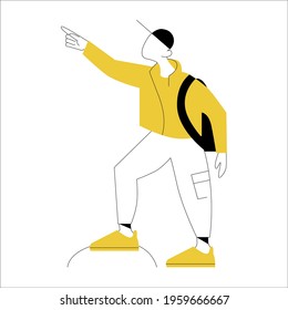 Hipster man with backpack pointing with his finger. Outdoor adventures, travel, camping, backpacking trip or expedition flat trendy monochrome vector Illustration.