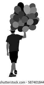 Hipster man with balloons vector silhouette illustration. Boy walking with balloons.Celebration event. Animator on children's birthday with balloons.