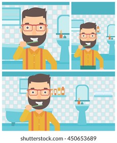 A hipster man with the beard brushing his teeth with a toothbrush in bathroom. Vector flat design Illustration. Square, horizontal, vertical layouts.