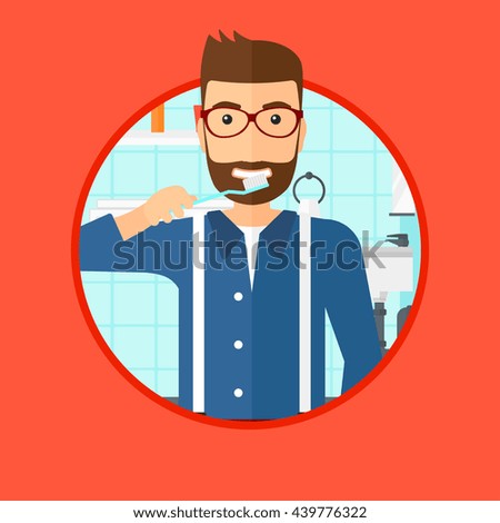 A hipster man with the beard brushing his teeth with a toothbrush in bathroom. Smiling man holding toothbrush. Vector flat design illustration in the circle isolated on background.