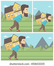 Hipster man with the beard carrying a big house on his back on the background of mountains. Vector flat design Illustration. Square, horizontal, vertical layouts.