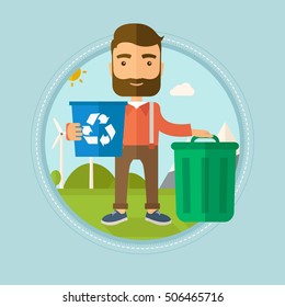 Hipster man with beard carrying recycling bin. Man with recycling bin standing near a trash can on the background of wind turbine. Vector flat design illustration in the circle isolated on background.