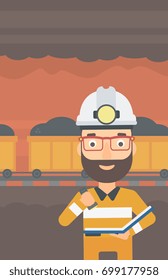 A hipster man with the beard checking a paper plan on the background of mining tunnel with cart full of coal vector flat design illustration. Vertical layout. 