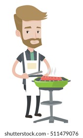 A hipster man with the beard cooking meat on the barbecue grill. Young caucasian man having barbecue party. Man preparing barbecue. Vector flat design illustration isolated on white background.