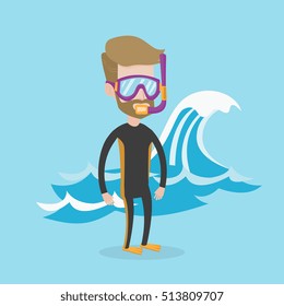 A hipster man with the beard in diving suit, flippers, mask and tube standing on the background of a big wave. Young caucasian man enjoying snorkeling. Vector flat design illustration. Square layout.