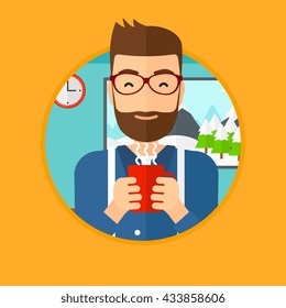 A hipster man with the beard drinking hot flavored coffee. Young smiling man with cup of coffee. Man enjoying coffee at home. Vector flat design illustration in the circle isolated on background.