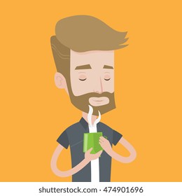 A hipster man with the beard drinking hot flavored coffee. Young smiling man holding cup of coffee with steam. Man with his eyes closed enjoying coffee. Vector flat design illustration. Square layout.