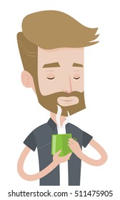 Hipster man with beard drinking hot flavored coffee. Young man holding cup of coffee with steam. Man with his eyes closed enjoying coffee. Vector flat design illustration isolated on white background.