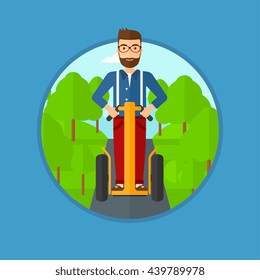 A hipster man with the beard driving electric scooter in the park. Man on self-balancing electric scooter with two wheels. Vector flat design illustration in the circle isolated on background.