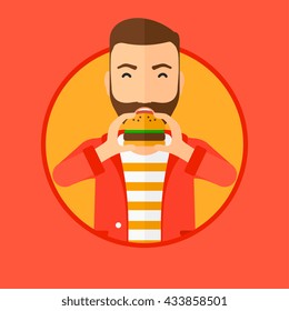 Hipster man with the beard eating hamburger. Happy man with eyes closed biting hamburger. Man is about to eat delicious hamburger. Vector flat design illustration in the circle isolated on background.